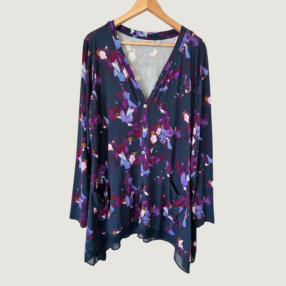 LOGO Lori Goldstein Womens Large Floral Button Front Cardigan Chiffon Hem Purple